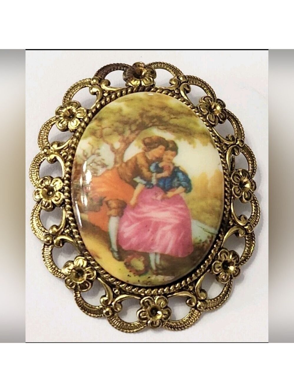 Vintage Western Germany Porcelain Courting Couple Brooch Ornate stamped metal